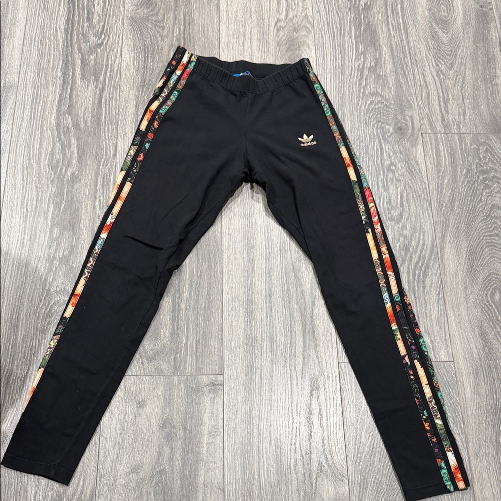 Adidas Black Pants with Multicolor Floral Stripes